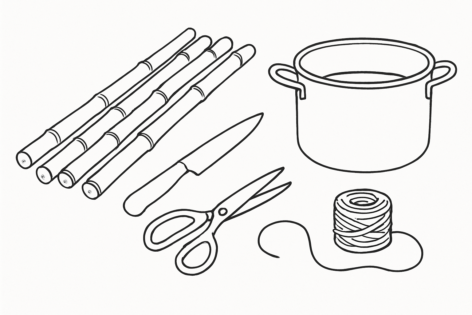 Materials and tools needed for bamboo basket making