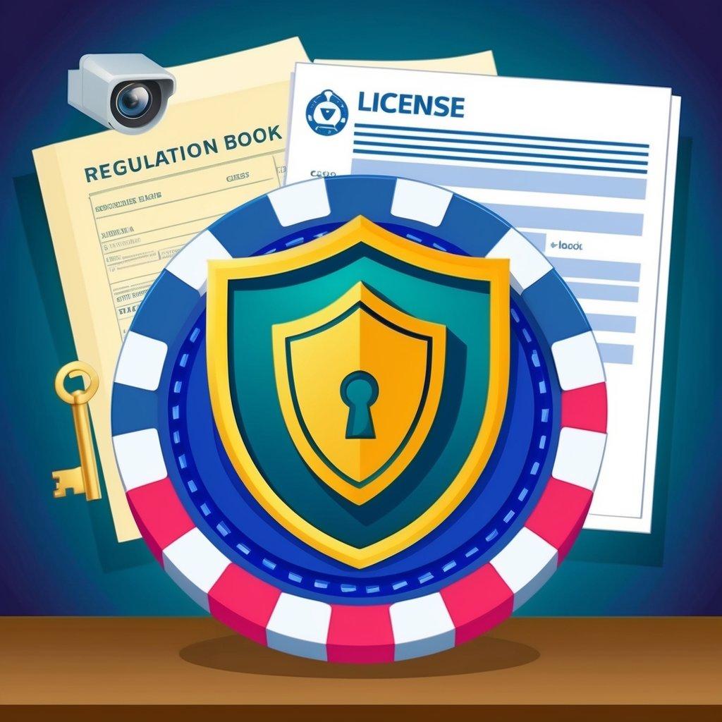 A casino chip surrounded by a shield with a lock, key, and security camera symbols. A license document and regulation book are in the background