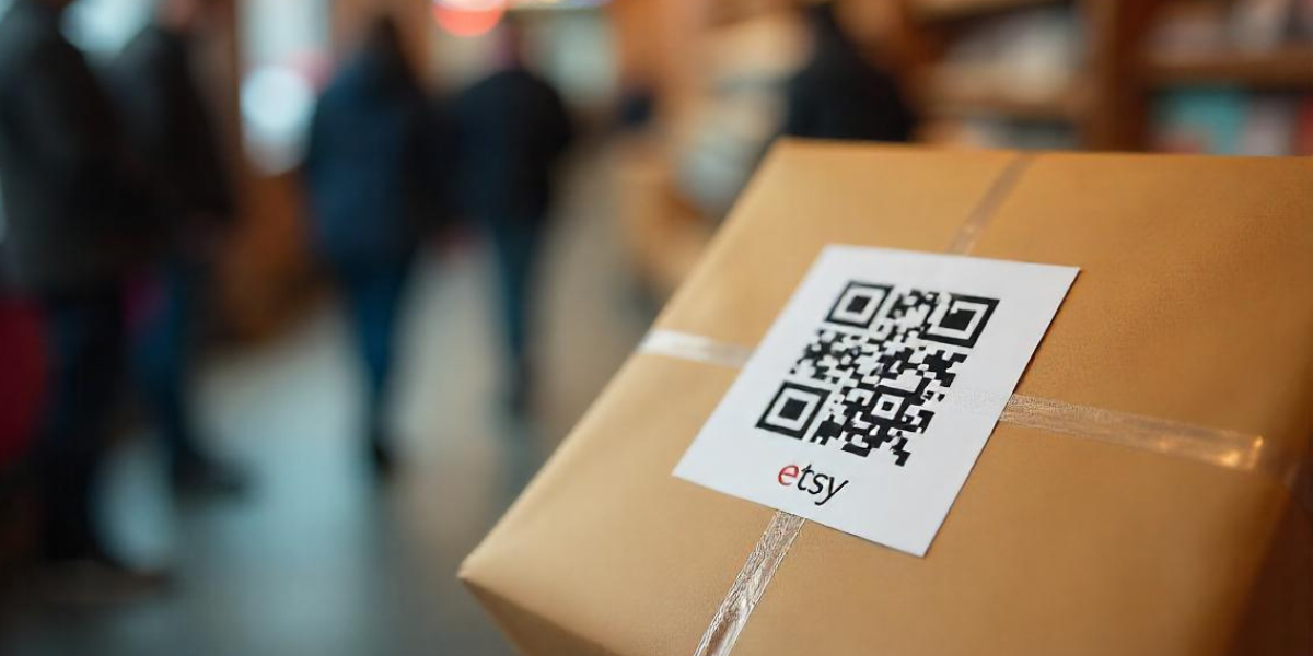 A cardboard box with Etsy QR Code on it.