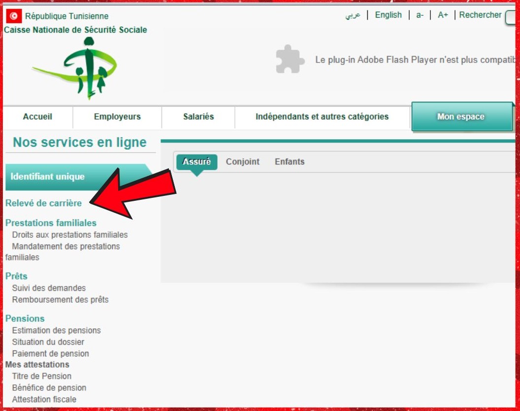Capture d’écran des services en ligne de la CNSS avec une flèche rouge indiquant l’onglet “Relevé de carrière”