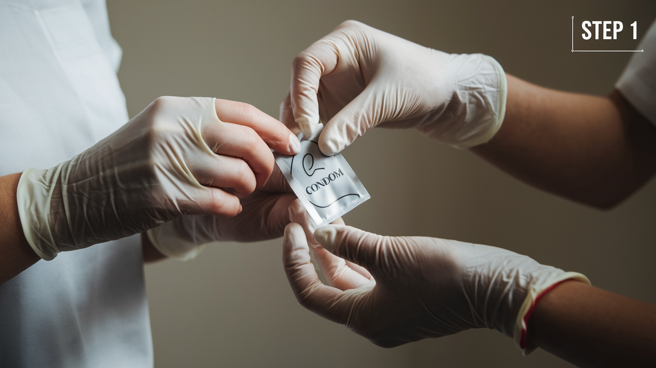 Create a realistic image of a close-up of hands demonstrating how to open a female condom package, with step 1 of a visual guide visible in the corner, soft clinical lighting, neutral background, focus on the product without showing explicit content, educational setting, clean and professional appearance.