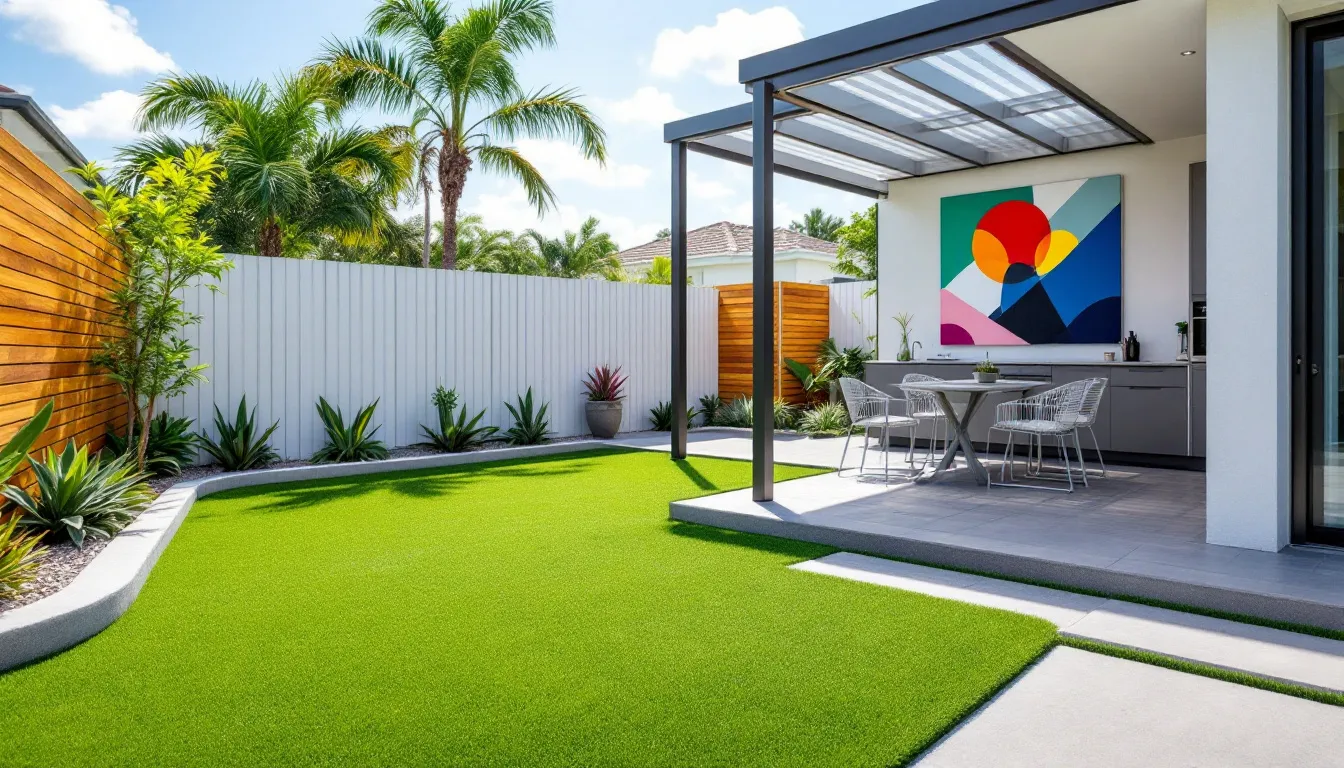 A professional laying down artificial turf in a backyard.