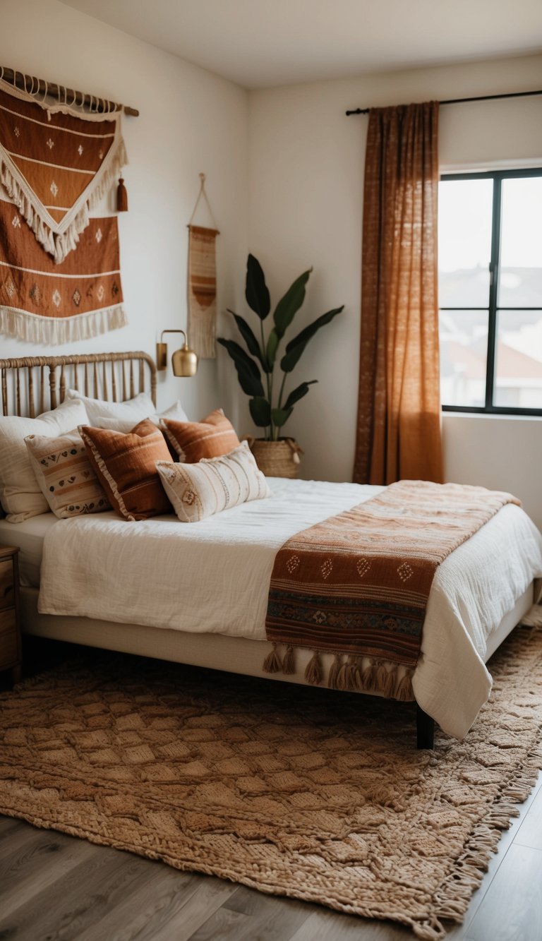 A boho woven rug anchors a cozy bedroom with eclectic decor and warm, earthy tones