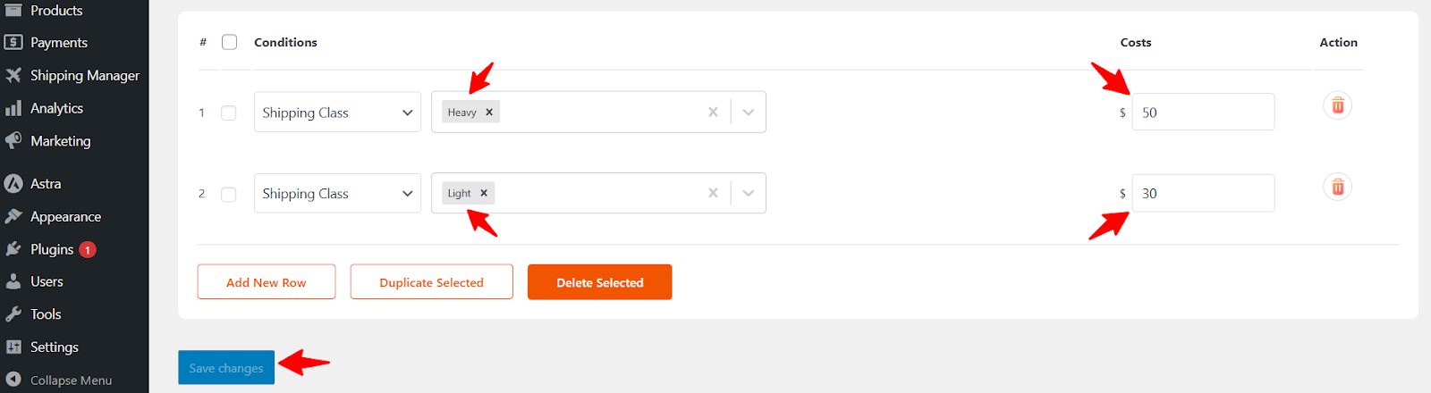 Selecting separate shipping classes 