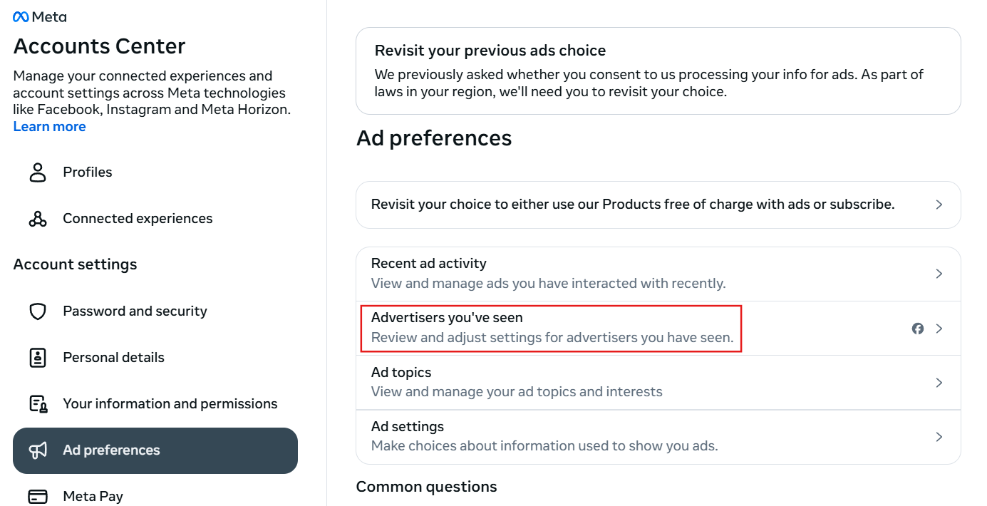 Captura de pantalla que muestra la configuración de preferencias de anuncios de Meta.