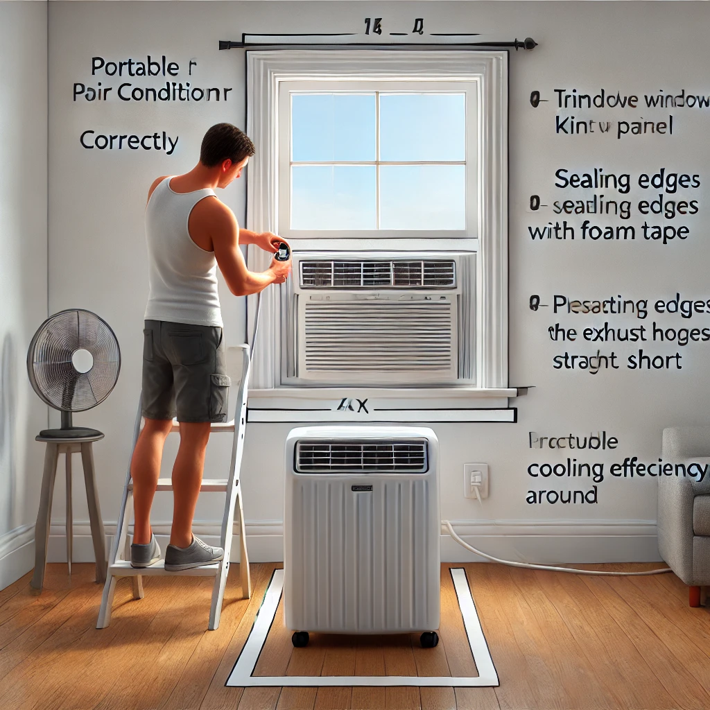 Step-by-step setup diagram showing correct placement, sealed window kit, hose routing, and condensate drain connection.