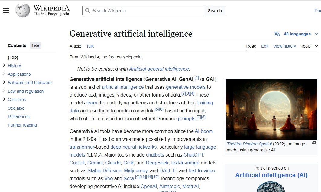 Wikipedia page on Generative Artificial Intelligence