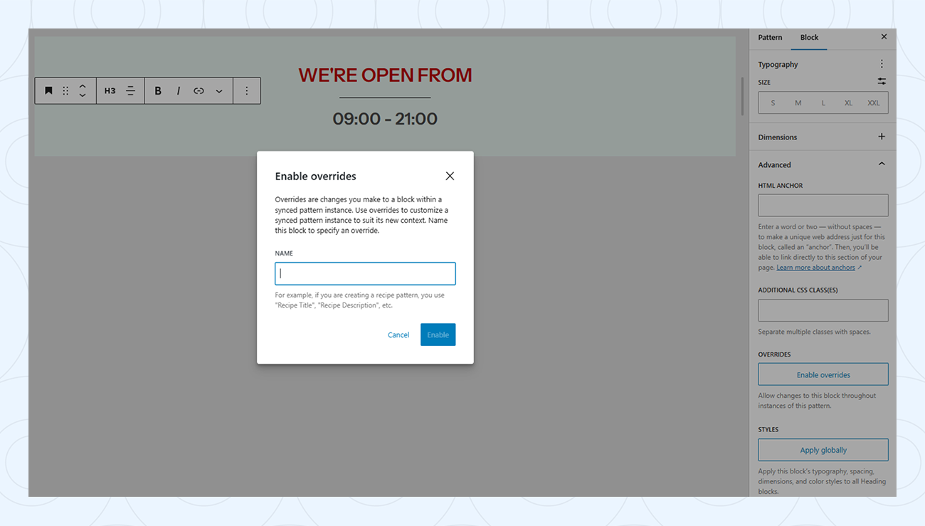 Enable overrides for individual Blocks in synced Patterns