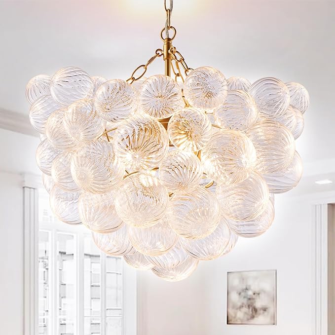 A statement bubble chandelier featuring multiple glass globes arranged in a cluster.