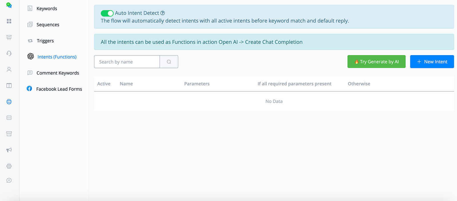 Intent settings in UChat that function based on the platform’s direct integration with ChatGPT.