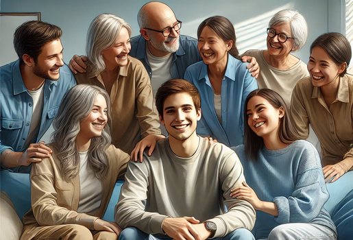 An illustration of a person surrounded by their supportive network of friends and family, smiling and interacting warmly in a cozy living room.