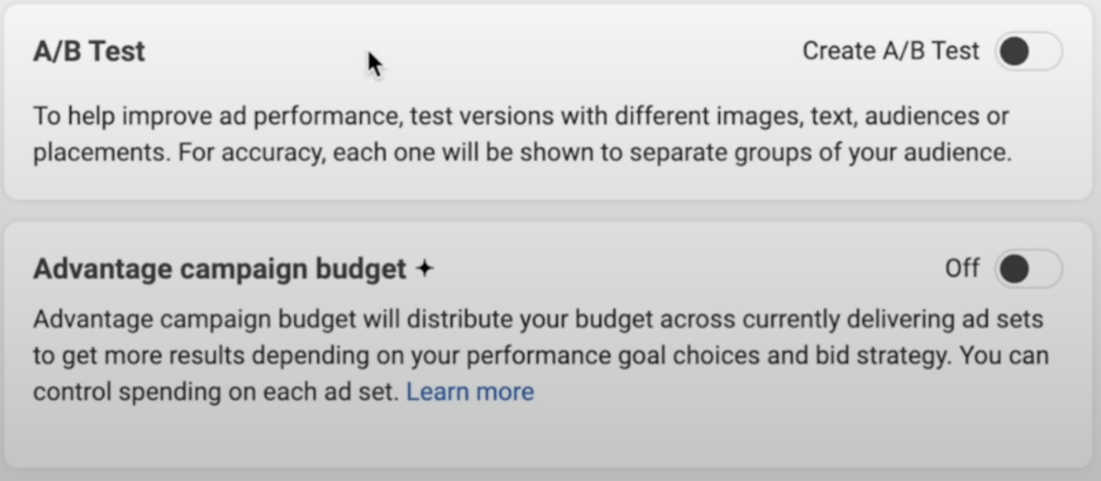 A/B Test and Advantage+ campaign budget