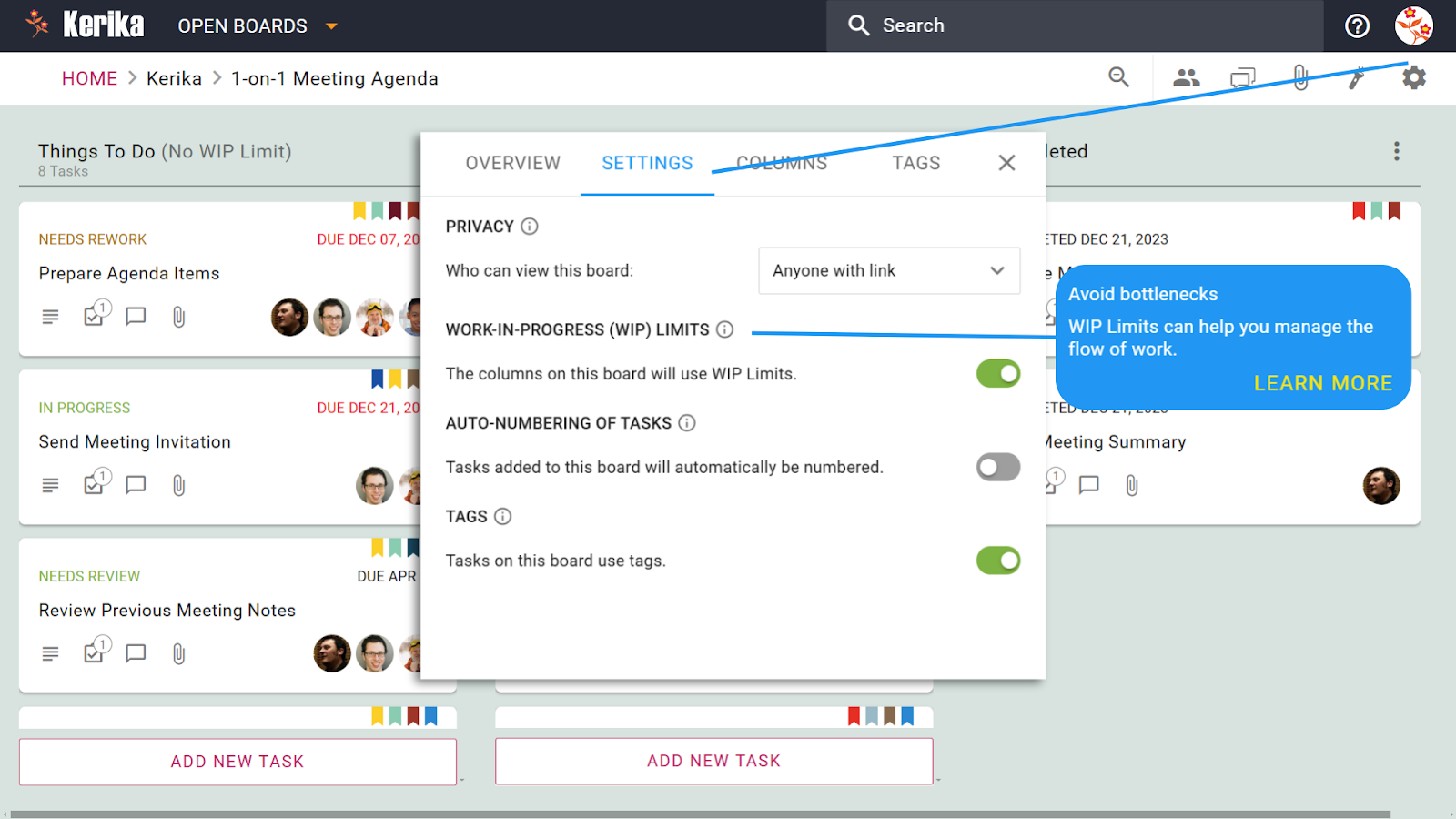 This Kerika board settings view illustrates the ease of enabling and utilizing WIP Limits to create a balanced workload. You can see how setting limits on "In Progress" tasks, as depicted here, improves the task flow and prevent team overload, leading to more productive project management.
