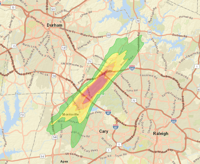 Map of Brier Creek with flight noise overlay. Brier Creek is just outside of the flight noise path. 