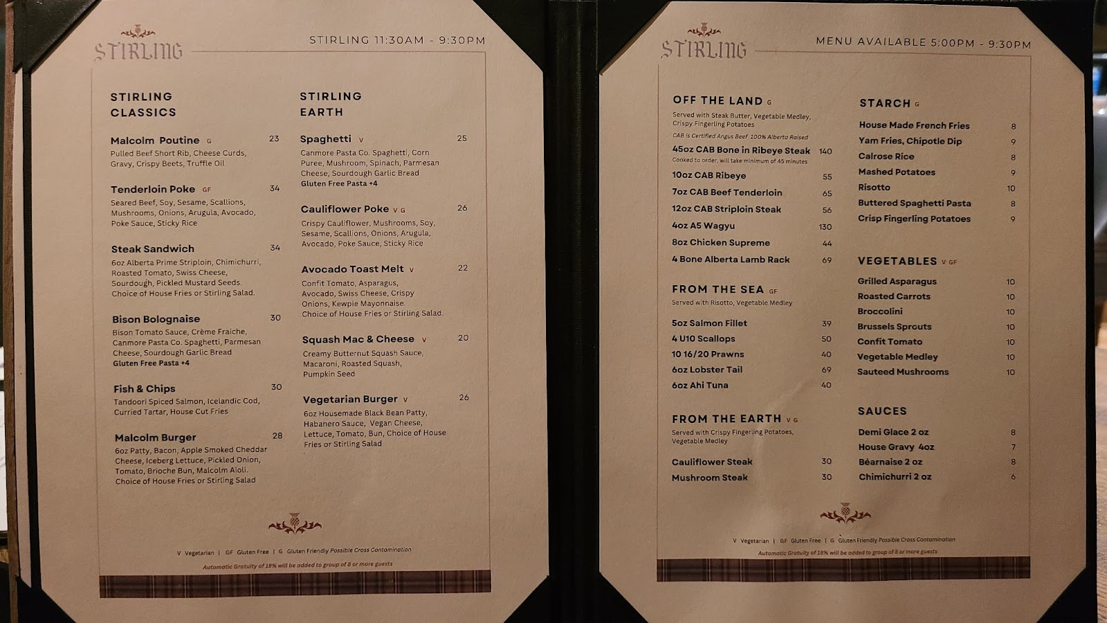 Stirling Grill Restaurant menu