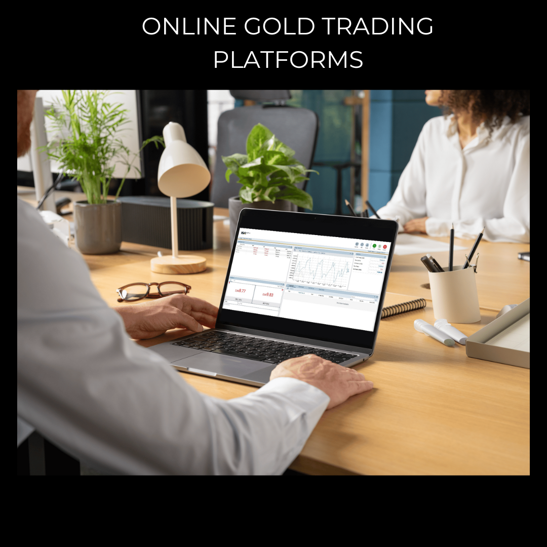 Business professional using an online gold trading platform on a laptop, showcasing real-time market analysis and secure trading features.