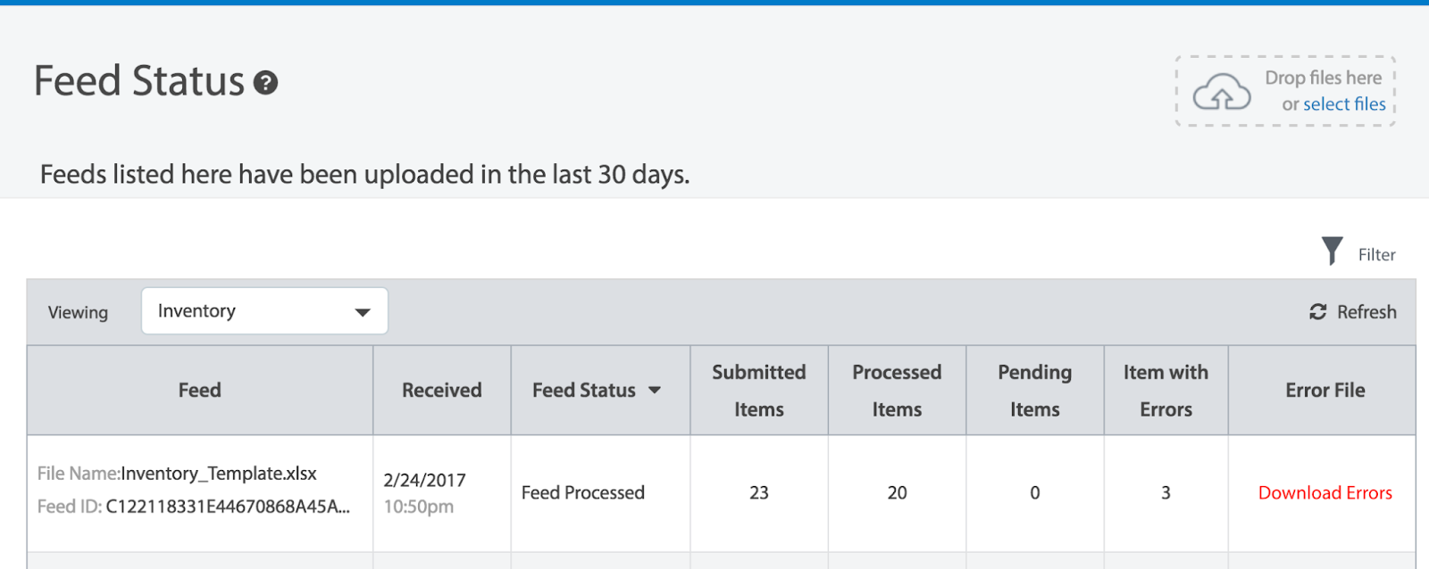 The "Feed Status" interface provides an overview of uploaded inventory feeds within the last 30 days. In this example, the file "Inventory_Template.xlsx" was received on 2/24/2017 at 10:50 PM. The feed's status is "Feed Processed," with 23 items submitted, 20 processed successfully, 0 pending, and 3 items flagged with errors. The "Download Errors" link allows users to view and resolve issues in the file for resubmission. This dashboard is essential for tracking and managing inventory data uploads efficiently.