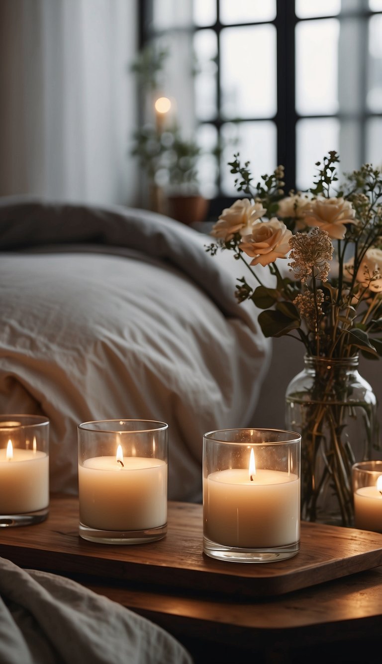 A serene bedroom with neutral tone candles casting a soft glow, creating a calming atmosphere