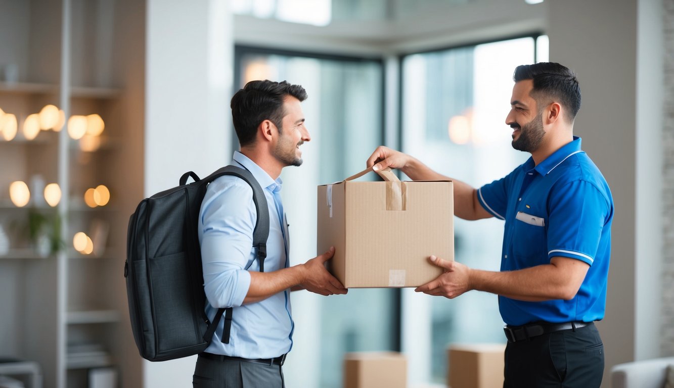 A customer receiving a replacement product from a delivery person, while the original item is being returned