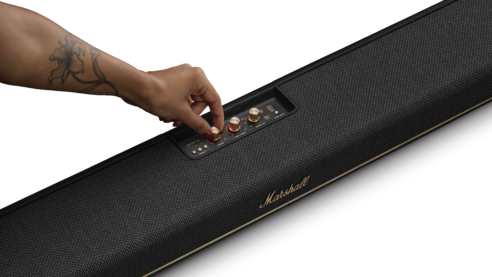 Marshall Heston 120 soundbar three tactile control knobs for EQ adjustments.