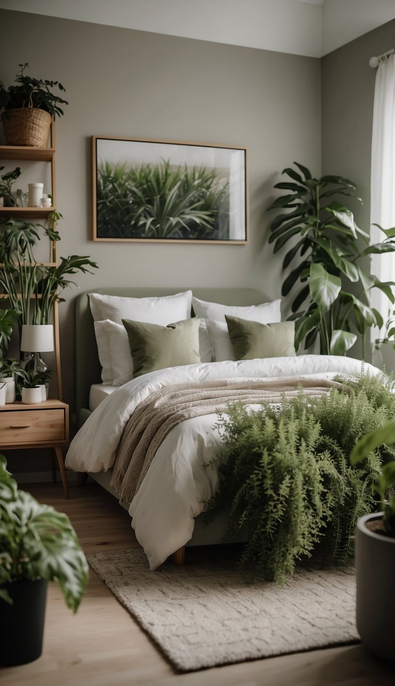 Lush green plants fill a serene, neutral bedroom. Soft, muted tones create a calming atmosphere