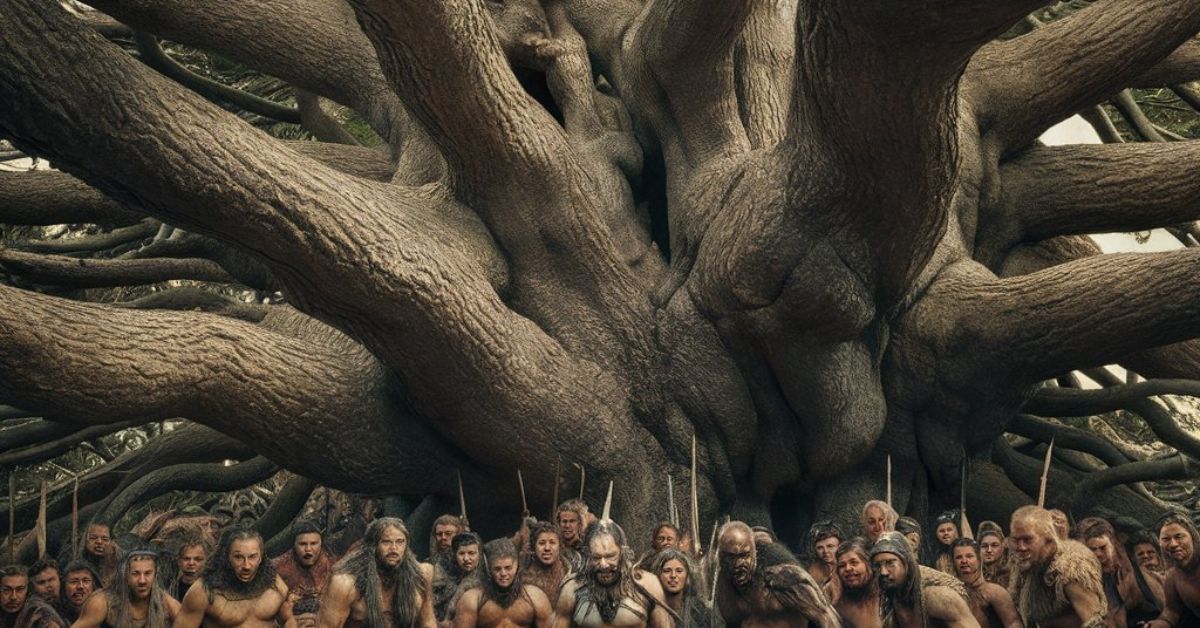 An artistic depiction of the World Tree Barbarian Subclass, blending imagery associated with "The Hobbit" narrative.