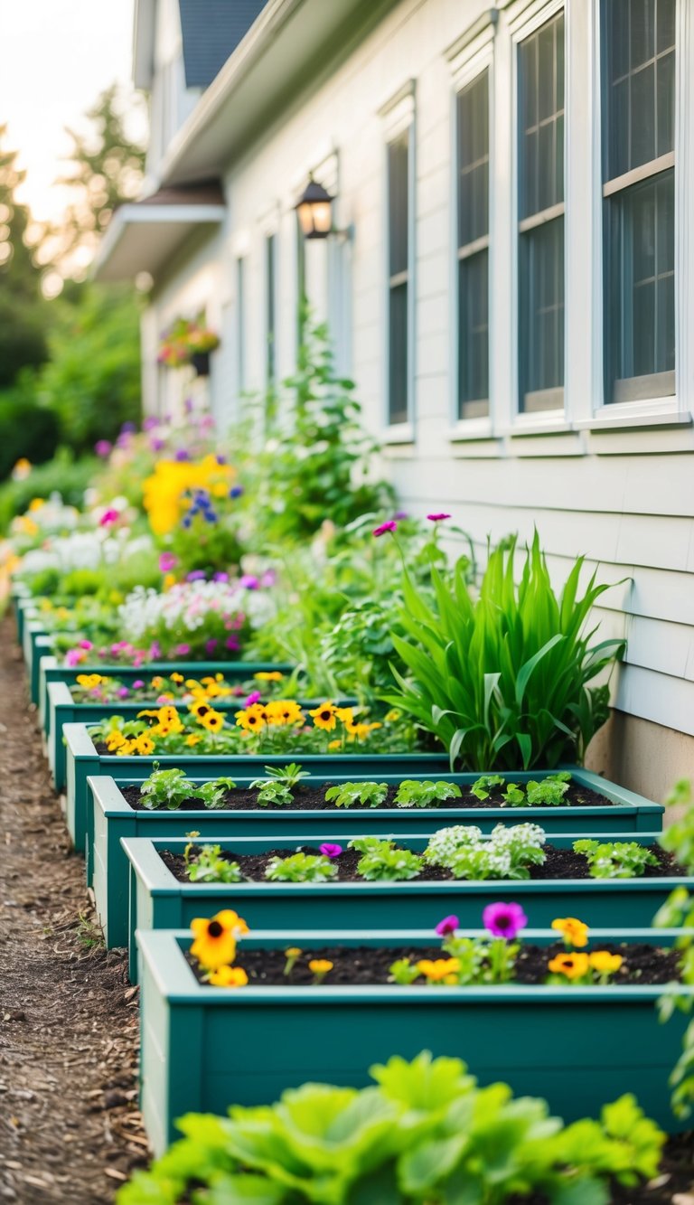 A row of raised planter beds lined along the side of a house, filled with a variety of vibrant flowers and greenery