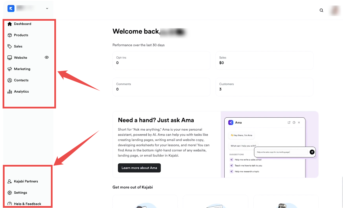 Kajabi interface left sidebar settings