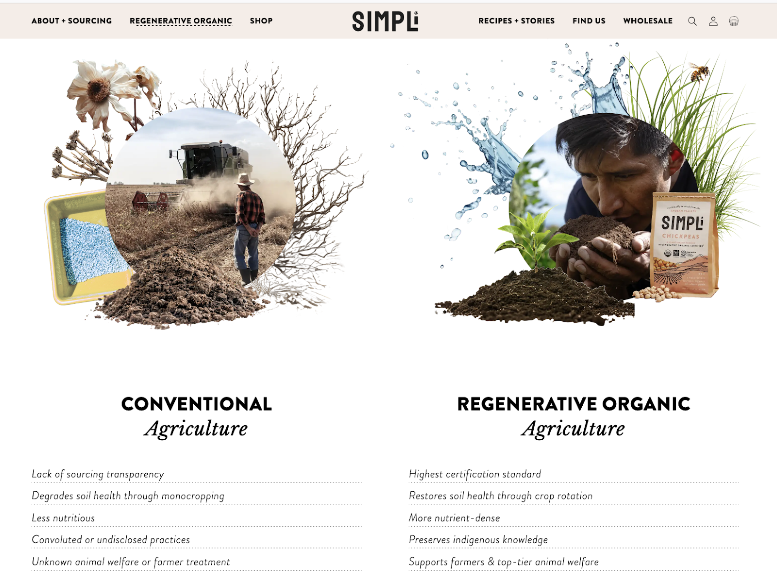 A description of conventional vs. regenerative organic agriculture from the brand Simpli, highlighting regenerative benefits like restoring soil health, having more nutrient density, and preserving indigenous knowledge, among others