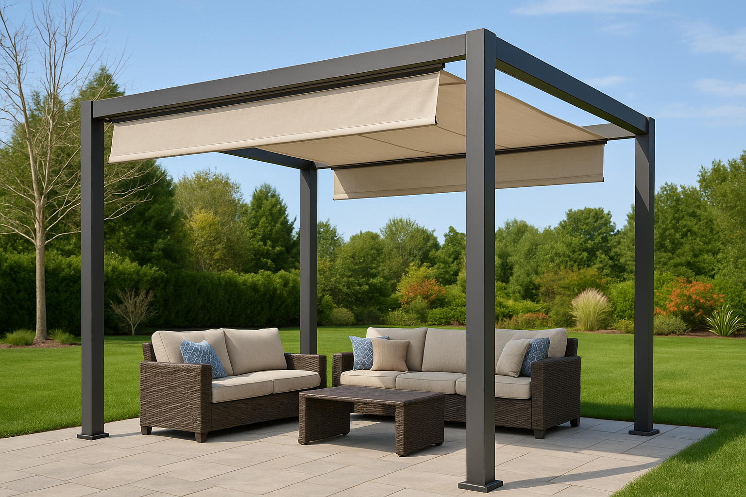 Pergola with partially extended retractable canopy made of waterproof fabric over patio seating.