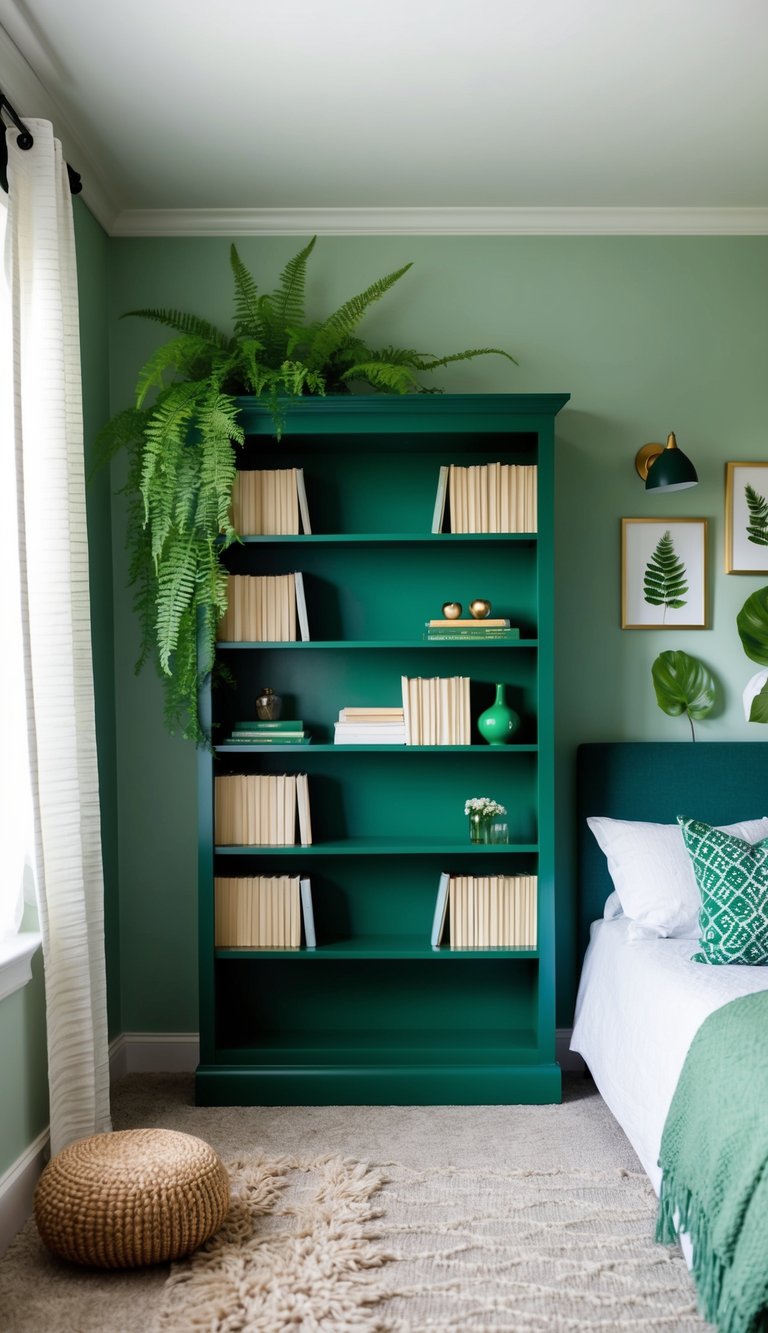 A fern green bookcase stands in a cozy bedroom filled with 23 green decor ideas