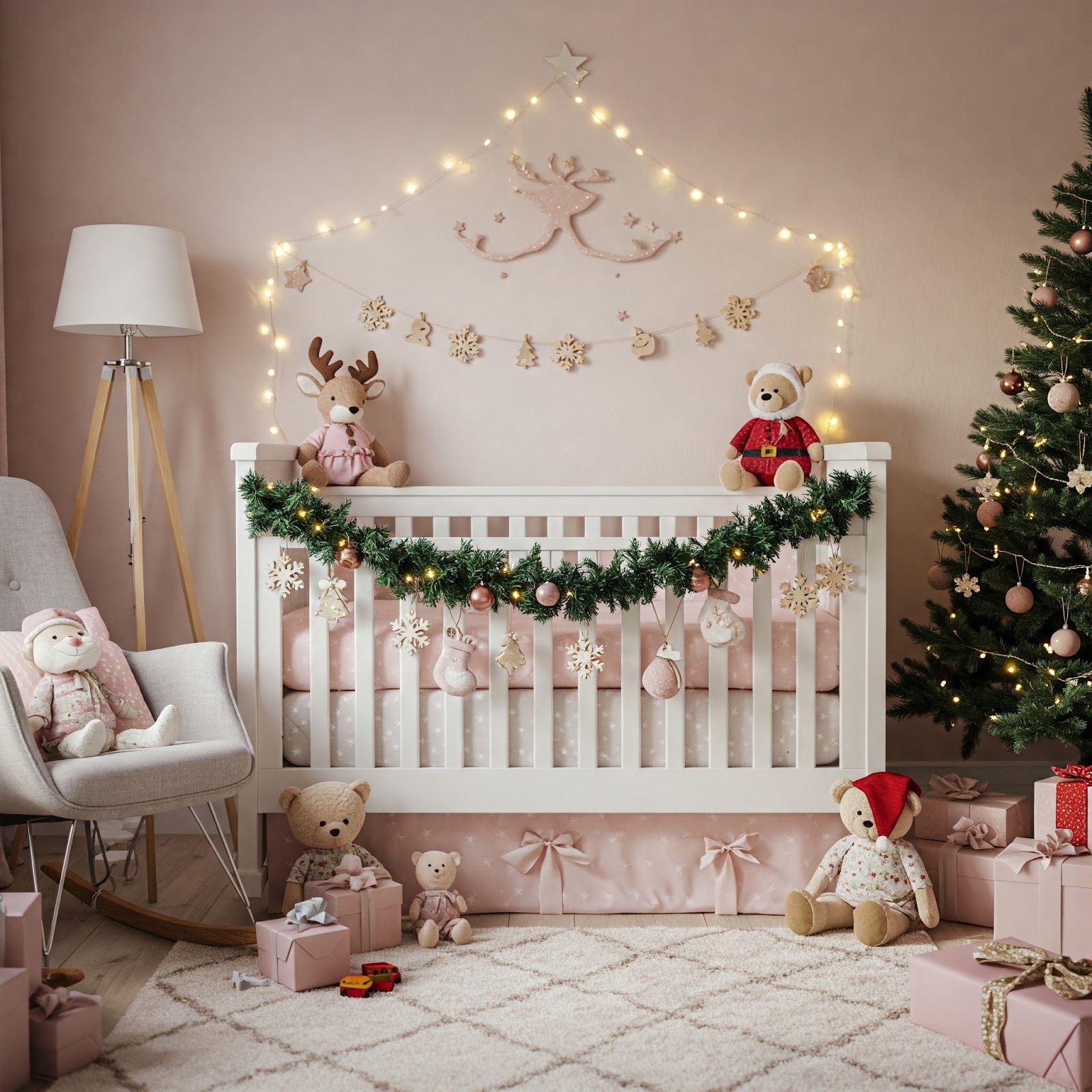 Christmas festivities in a baby girl's nursery decor.