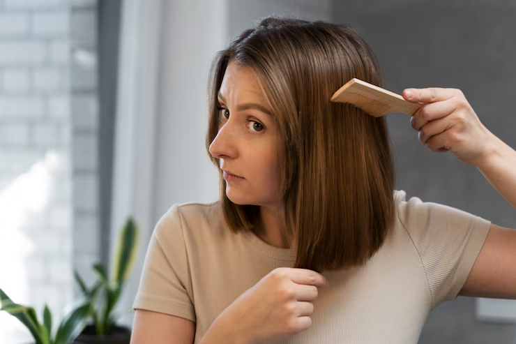 Woman combing her short hair