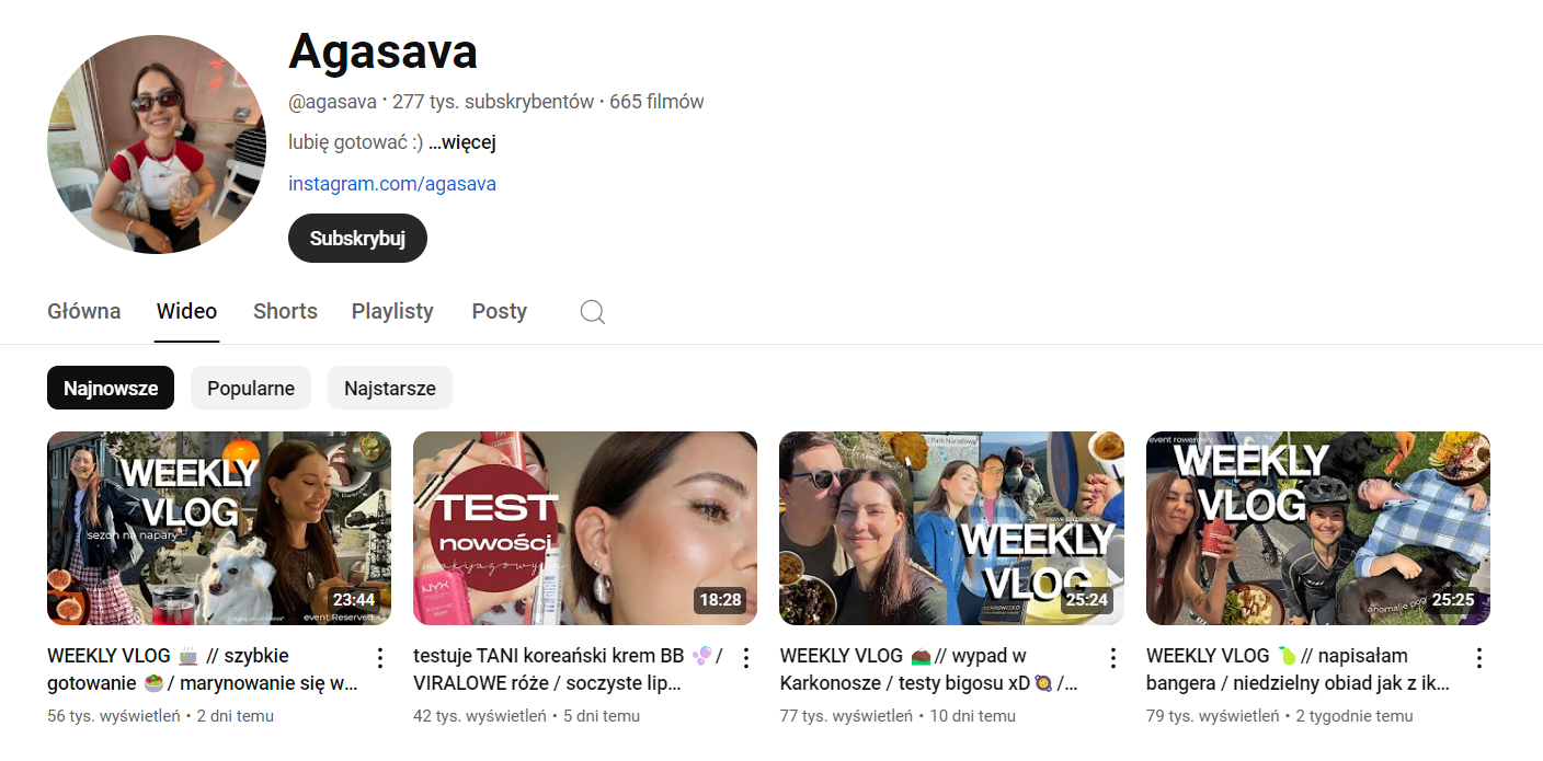Kanał Agaty Sawickiej na platformie youtube