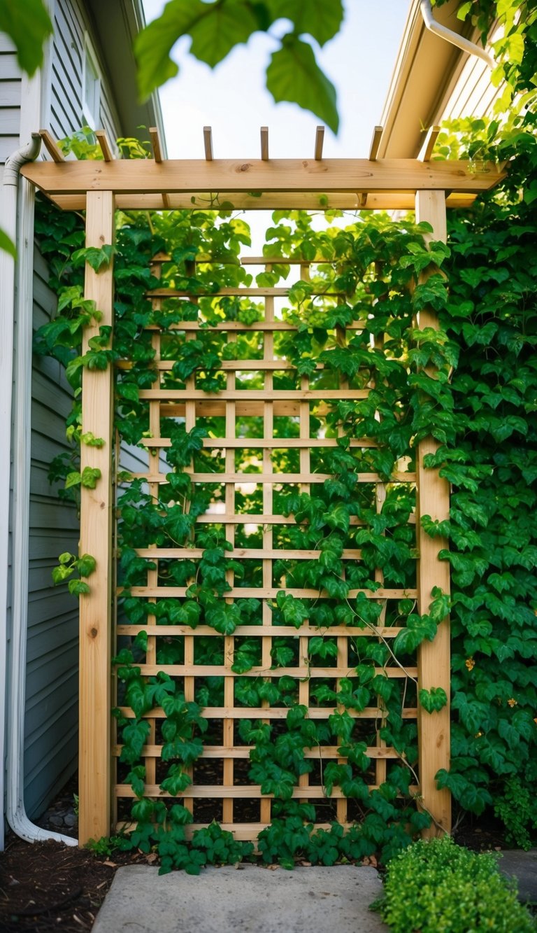 A wooden trellis stands between two houses, covered in lush green vines. The vines create a natural privacy barrier, adding a touch of nature to the urban landscape