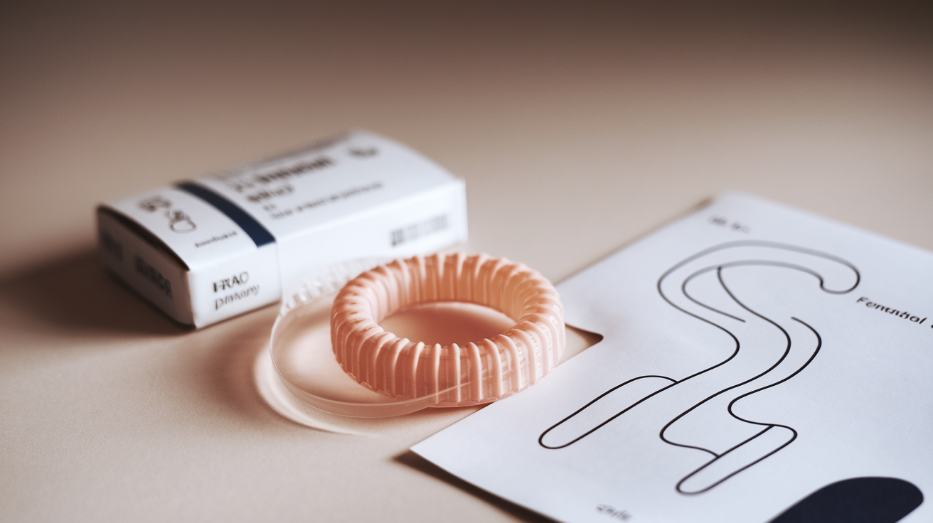 Create a realistic image of an unwrapped female condom next to its packaging, displayed on a clean surface with soft, neutral lighting, showing its ring structure and flexible material clearly, with an educational diagram to the side illustrating how it fits inside the vaginal canal, maintaining a clinical and informative aesthetic suitable for health education.