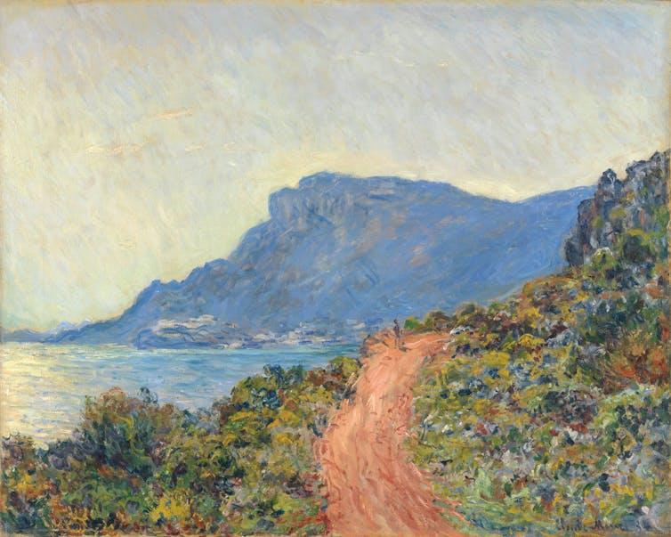 Painting of a dirt road by the ocean with a mountain in the distance.