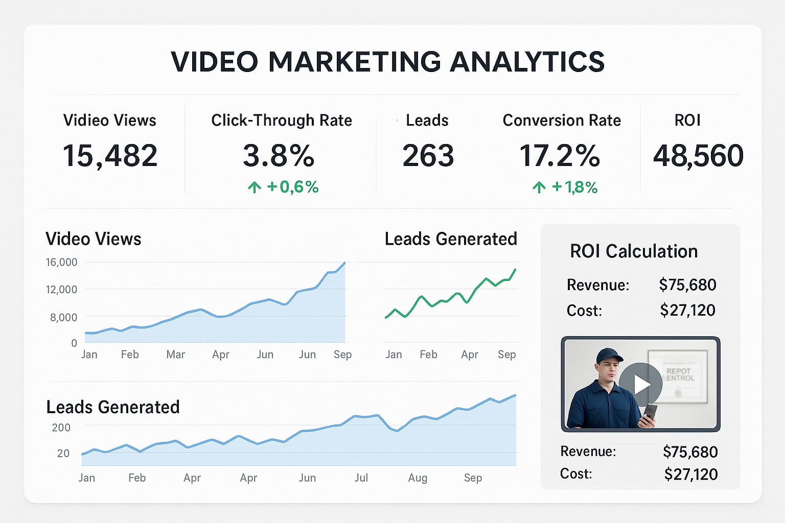 Video marketing analytics dashboard showing ROI tracking and lead generation metrics for pest control marketing efforts.