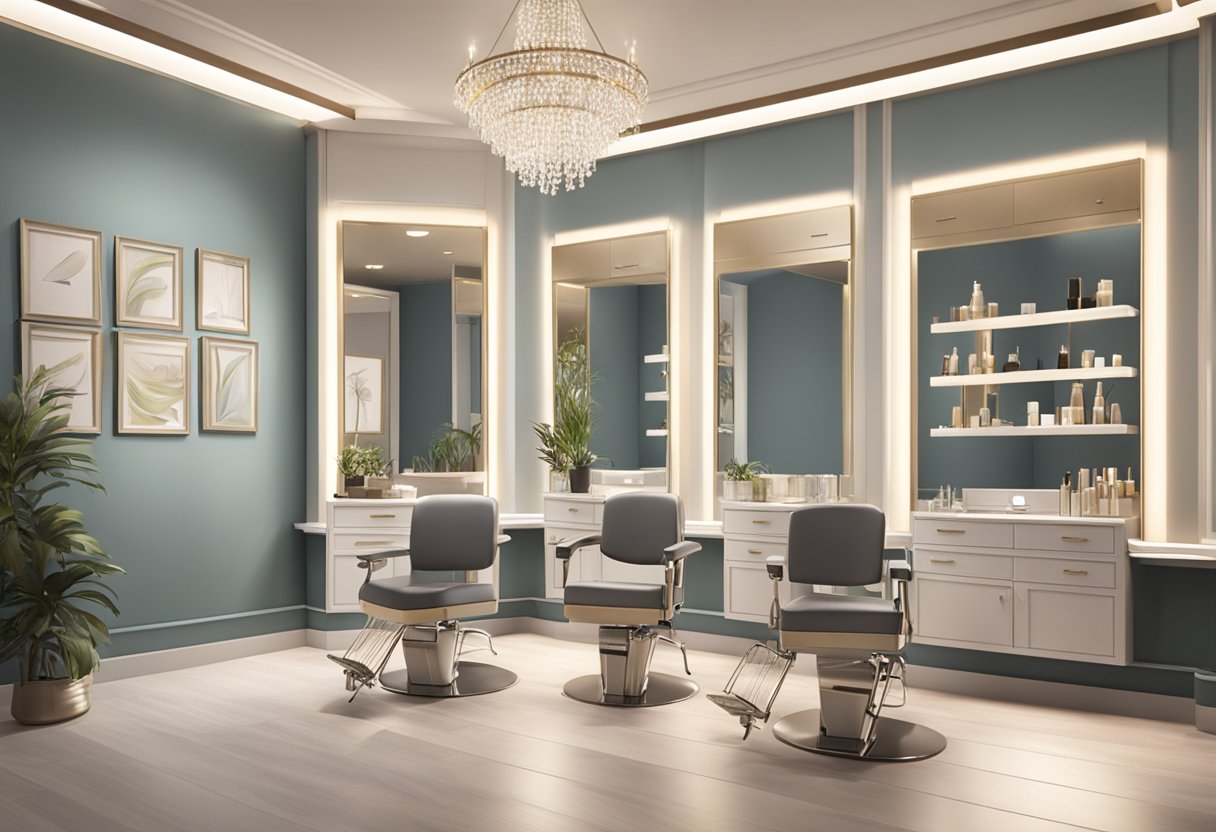 A serene salon setting with elegant décor, soft lighting, and a comfortable lash extension station