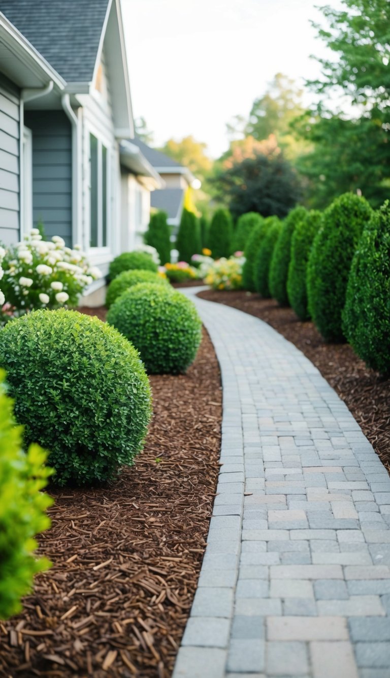 A pathway lined with decorative mulch winds around the side of a house, bordered by neatly trimmed bushes and flowering plants