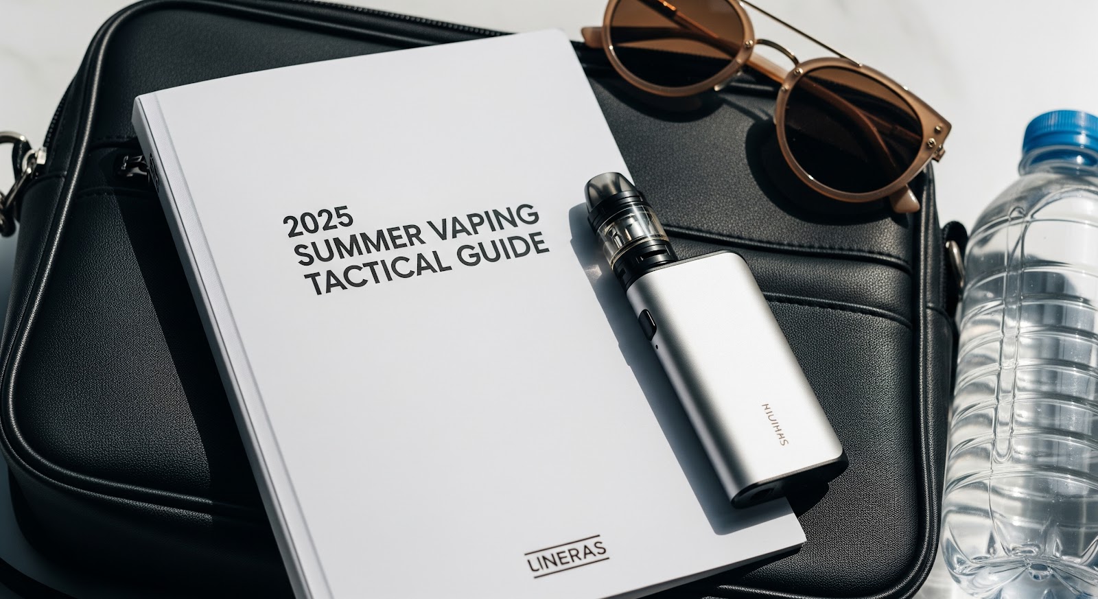 the front of a file that says 2025 summer vaping tactical guide next to a vape device, on top of a bag, sunglasses, and a bottle of water bottle