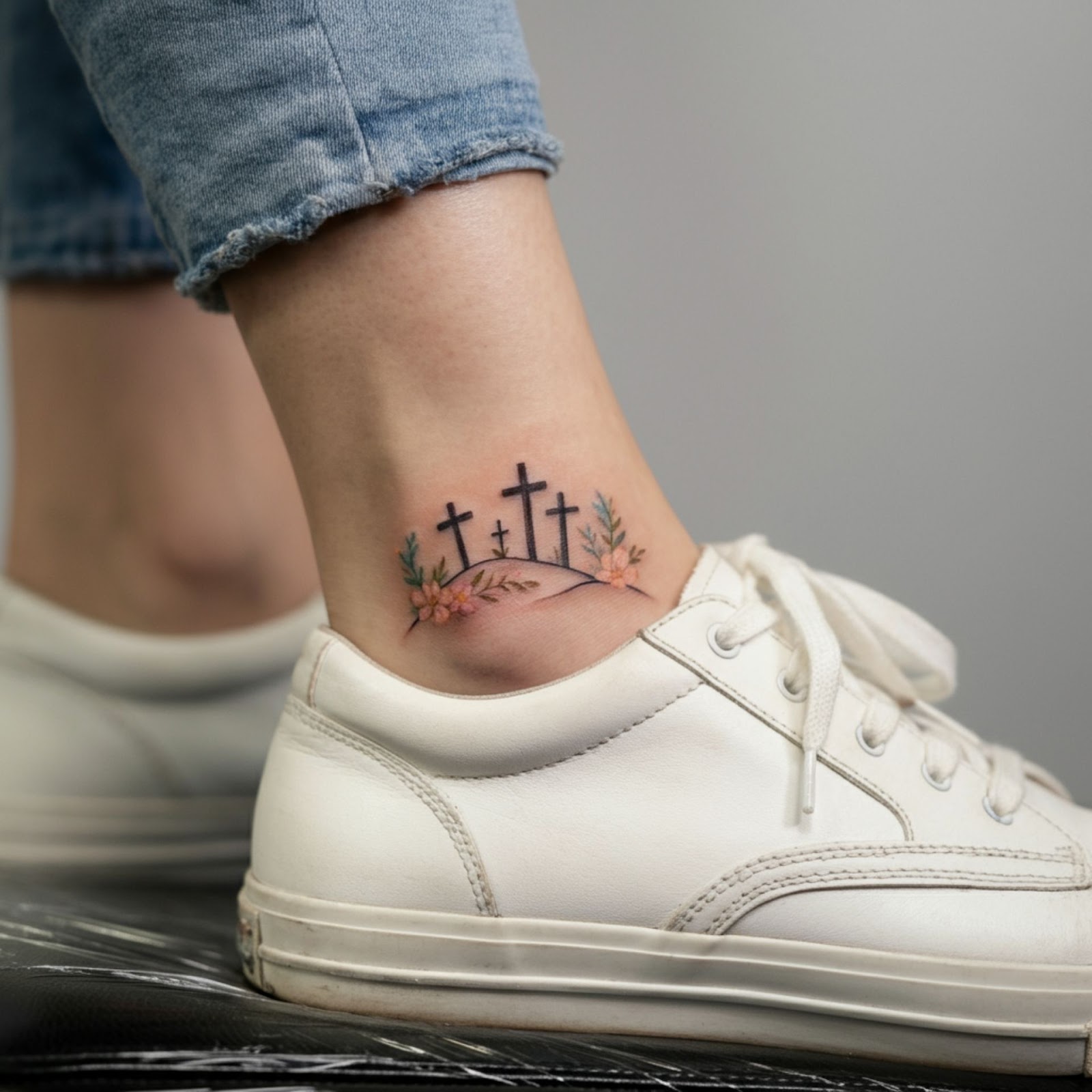 Three Crosses on a Hill with Flowers Tattoo