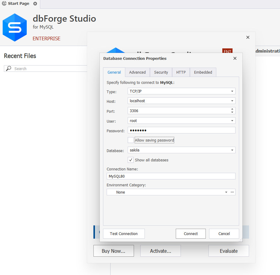 dbForge Connection Form