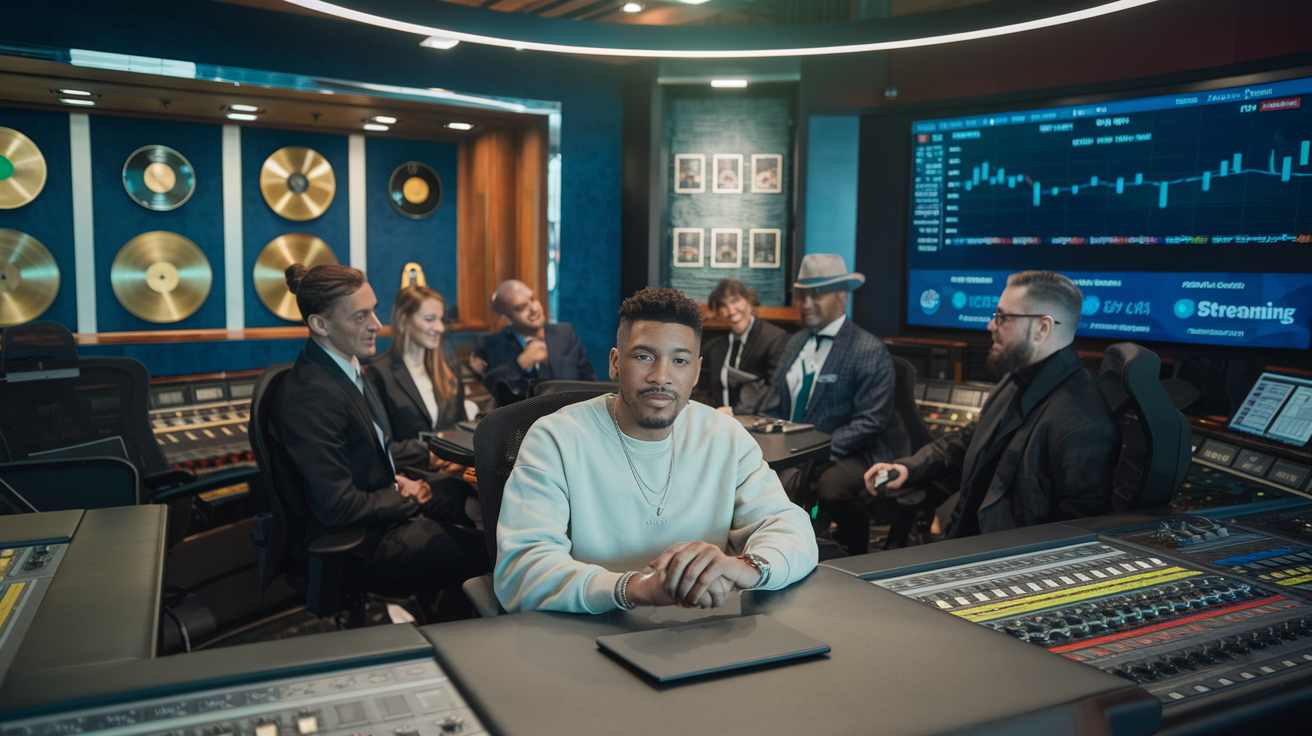 Create a realistic image of a sleek, modern recording studio with state-of-the-art equipment, where a confident black male hip-hop artist is seen discussing contracts with a diverse group of music executives, symbolizing the business side of hip-hop culture. In the background, gold and platinum records adorn the walls, while a large screen displays financial charts and streaming statistics.