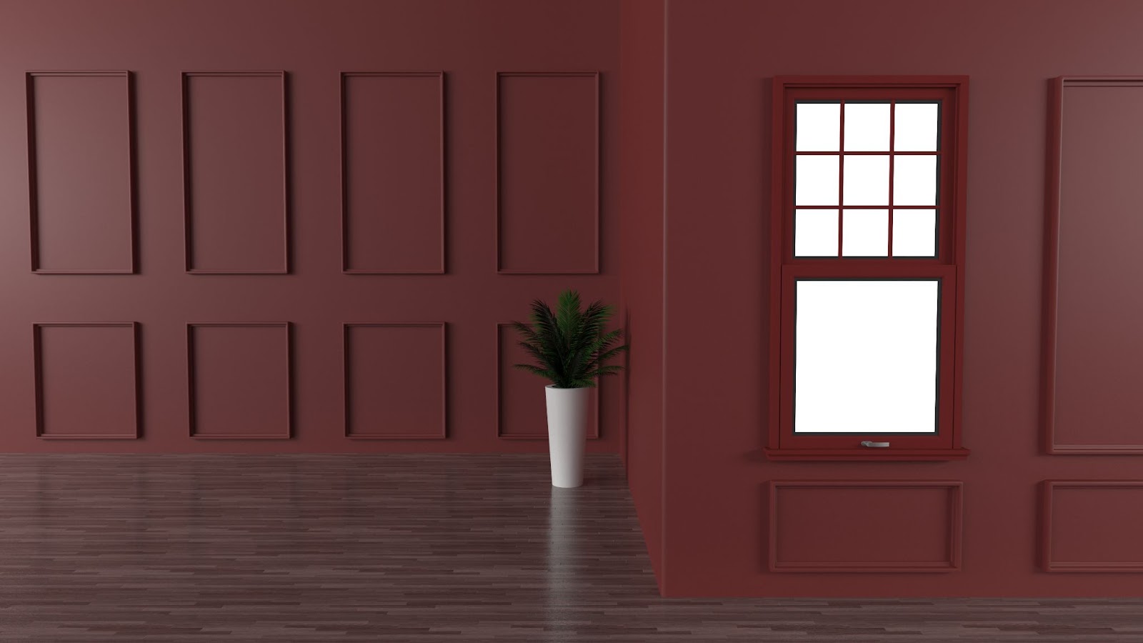 Maroon board and batten walls of the entryway.