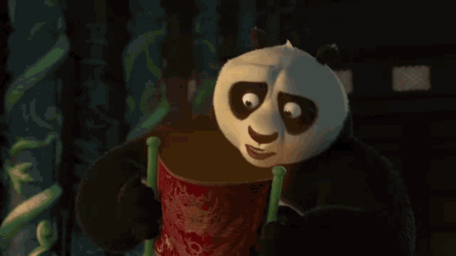 a panda bear says " it 's blank " in front of a curtain