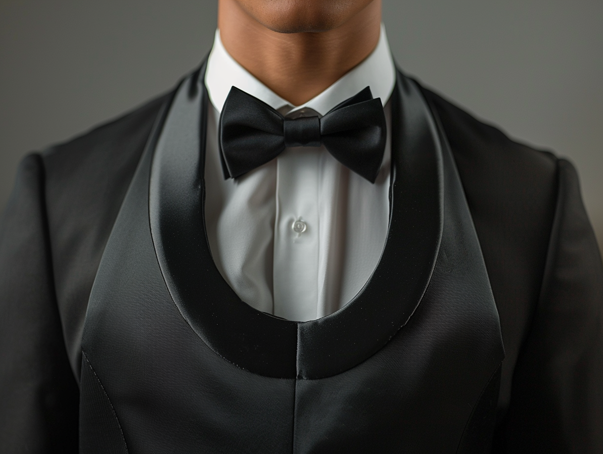 A man wearing a formal tuxedo with a horseshoe vest, featuring a deep U-shaped neckline that extends down to the chest. The vest is elegant and dramatic, providing a bold, striking look. This outfit is ideal for black-tie events, with the vest adding a classic, sophisticated vibe to the tuxedo.