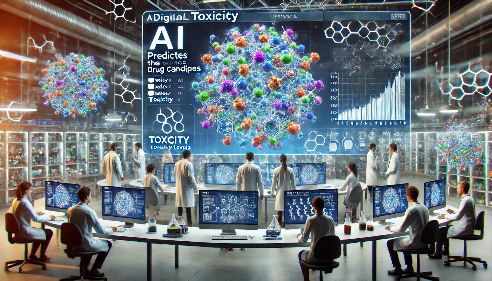 AI system predicting toxicity of drug candidates in a digital lab environment with scientists analyzing data.