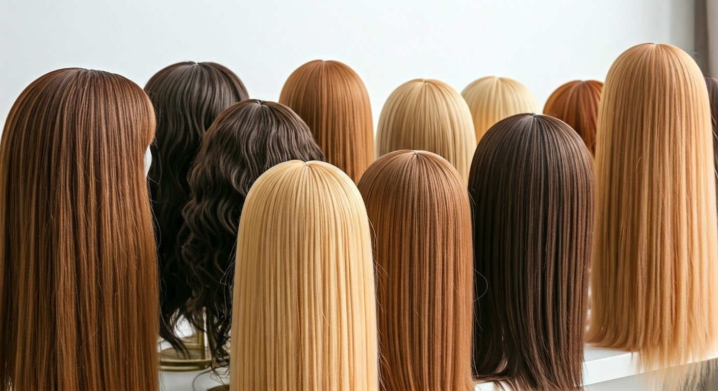 Collection of wigs on stands