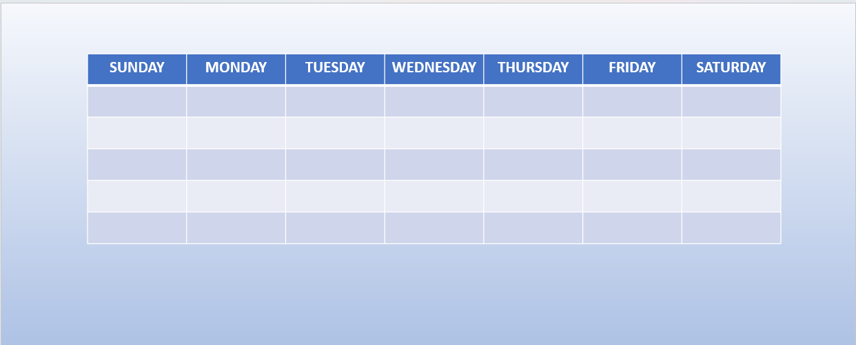 Highlight the first row of the table with Sunday, Monday, Tuesday, and so on across the first seven cells.